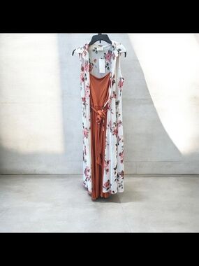 Floral Duster & Rust Jumpsuit Set - Elegant Women's Dress